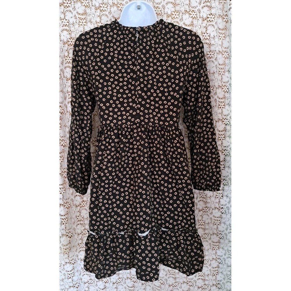 Zara Mini Dress Junior Sz. 13-14 Black Floral Smocked Front Long Sleeve Babydoll - Picture 10 of 10